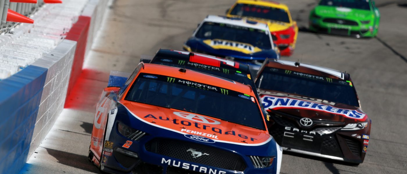 HAMPTON, GA - FEBRUARY 24:  Brad Keselowski, driver of the #2 Autotrader Ford, leads a pack of cars during the Monster Energy NASCAR Cup Series Folds of Honor QuikTrip 500 at Atlanta Motor Speedway on February 24, 2019 in Hampton, Georgia.  (Photo by Sean Gardner/Getty Images)